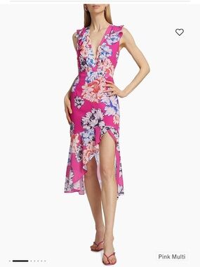 Milly Nanci Petals Bloom Ruffled Midi Dress Pink Vneck Sleeveless Ruffle Sz 2
